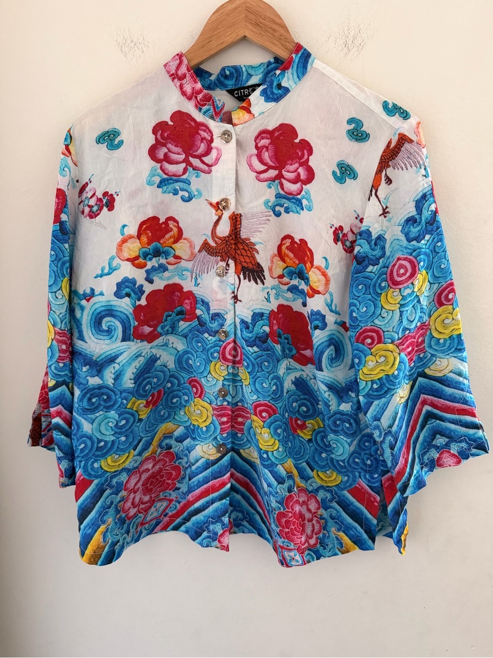 Citron Santa Monica Asian Crane Floral Waves Mandarin Blouse M Maximalism Boho